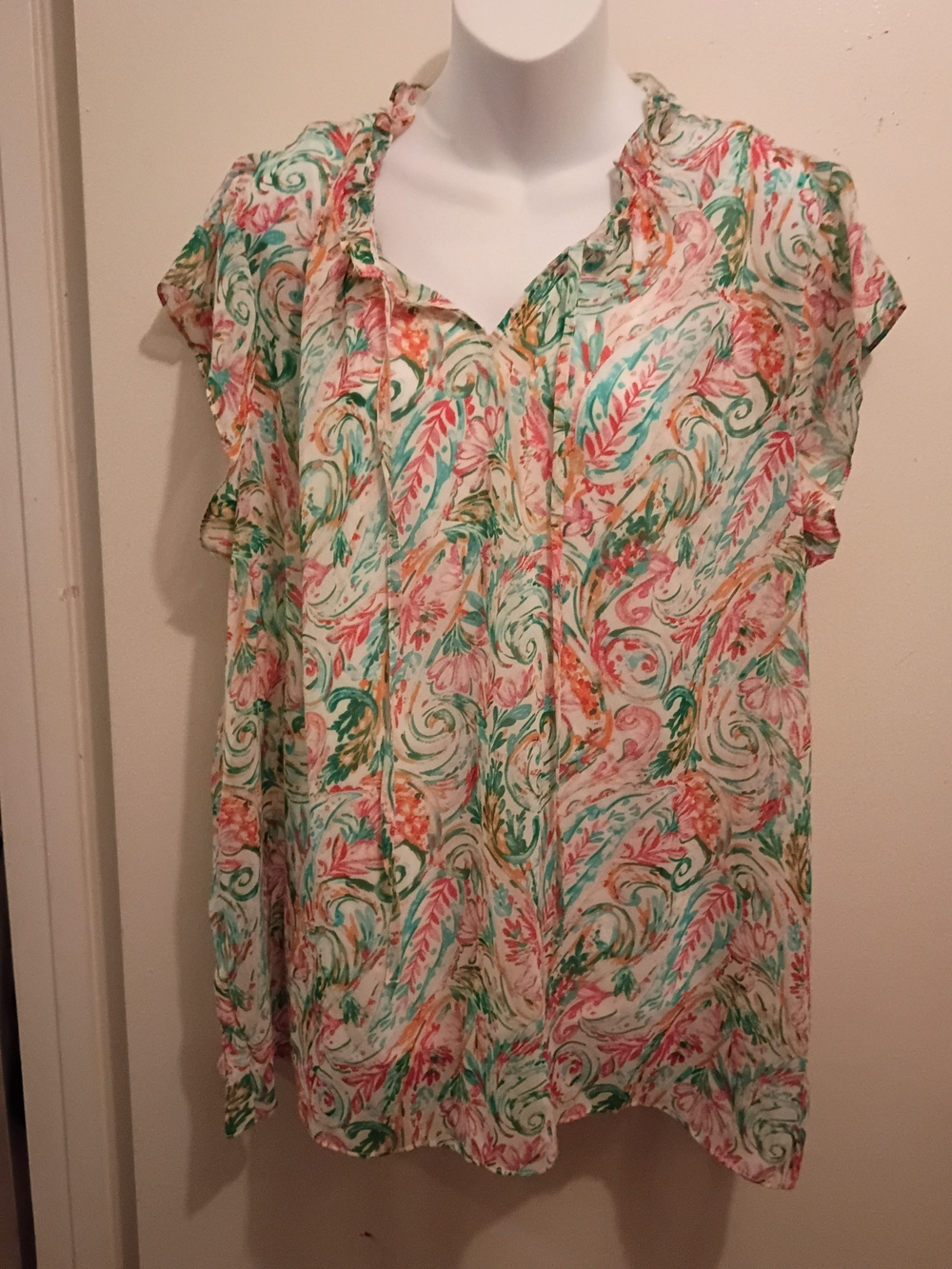 Cato Floral-Print Ruffle V-Neck Blouse - Green, Pink, Orange
